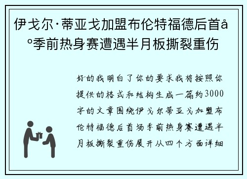 伊戈尔·蒂亚戈加盟布伦特福德后首场季前热身赛遭遇半月板撕裂重伤