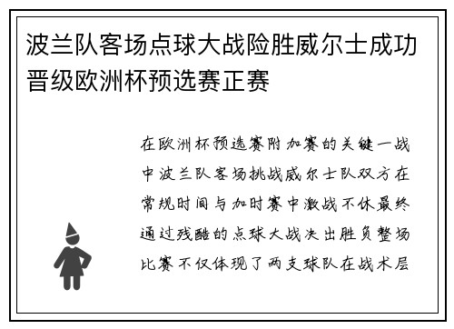 波兰队客场点球大战险胜威尔士成功晋级欧洲杯预选赛正赛