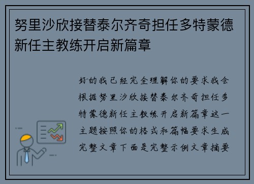 努里沙欣接替泰尔齐奇担任多特蒙德新任主教练开启新篇章