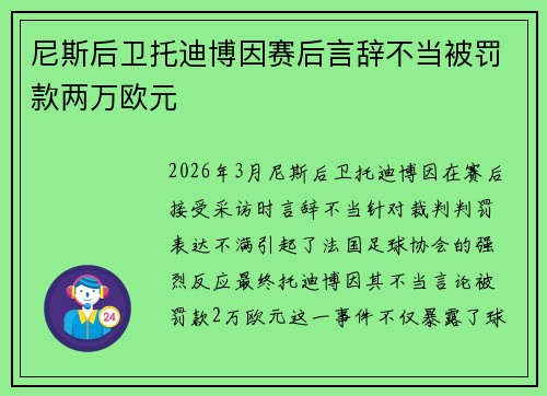 尼斯后卫托迪博因赛后言辞不当被罚款两万欧元
