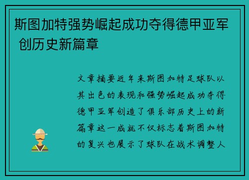 斯图加特强势崛起成功夺得德甲亚军 创历史新篇章